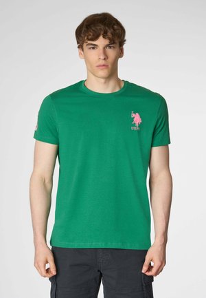 Un giovane indossante una t-shirt verde con un logo rosa di polo si trova contro uno sfondo grigio chiaro, con le braccia rilassate ai lati.
