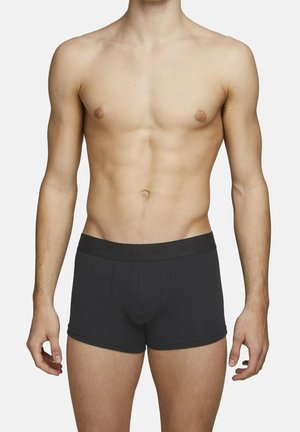 Torso maschile e parte superiore delle gambe indossando boxer neri semplici su uno sfondo chiaro uniforme, braccia rilassate ai lati.