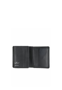 Portefeuille bifold en cuir noir ouvert, montrant des emplacements pour cartes à gauche et une poche à pièces avec rabat à droite, logo de sécurité RFID visible.