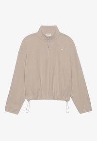 Pulover bej din fleece cu guler înalt, fermoar pe jumătate și tiv elastic. Prezintă un mic logo brodat pe piept. Textură moale.