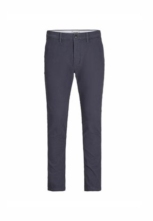 Navy blue trousers made of cotton with a slim fit, featuring a button and zip closure, front pockets, and a smooth texture.