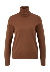 Brauner rollkragenpullover aus weichem, enganliegendem Strick mit langen Ärmeln sowie geripptem Kragen und Saum. Das Design zeichnet sich durch eine glatte Textur aus.