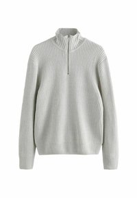 Pull-over quart-de-zip gris clair à côtes avec col haut et manches longues ; texture douce avec une coupe décontractée et des poignets et un ourlet élastiques.