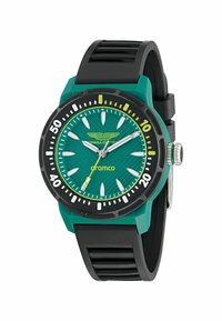 Reloj en color aqua-verde con correa de goma negra, esfera texturizada, marcadores de hora en blanco y segundero amarillo. Presenta un bisel negro con números blancos.