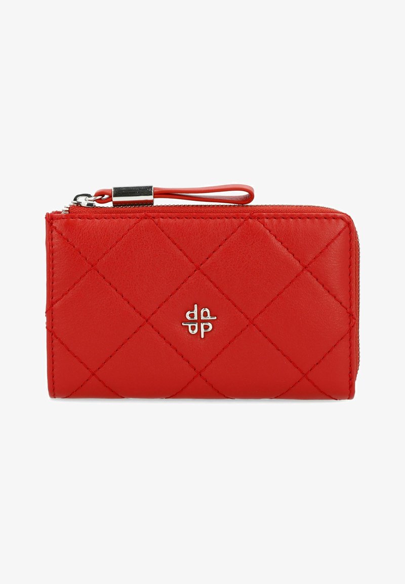Red quilted leather wallet with a zip closure, diagonal stitching pattern, and a small metallic logo on the front. Features a wrist strap.