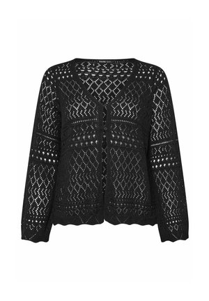 Cardigan en maille crochet noire à manches longues, avec fermeture à boutons sur le devant et motifs géométriques ajourés sur l'ensemble.