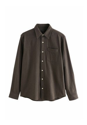 Dark brown long-sleeve button-up shirt with collar and single chest pocket, displayed on a white background.