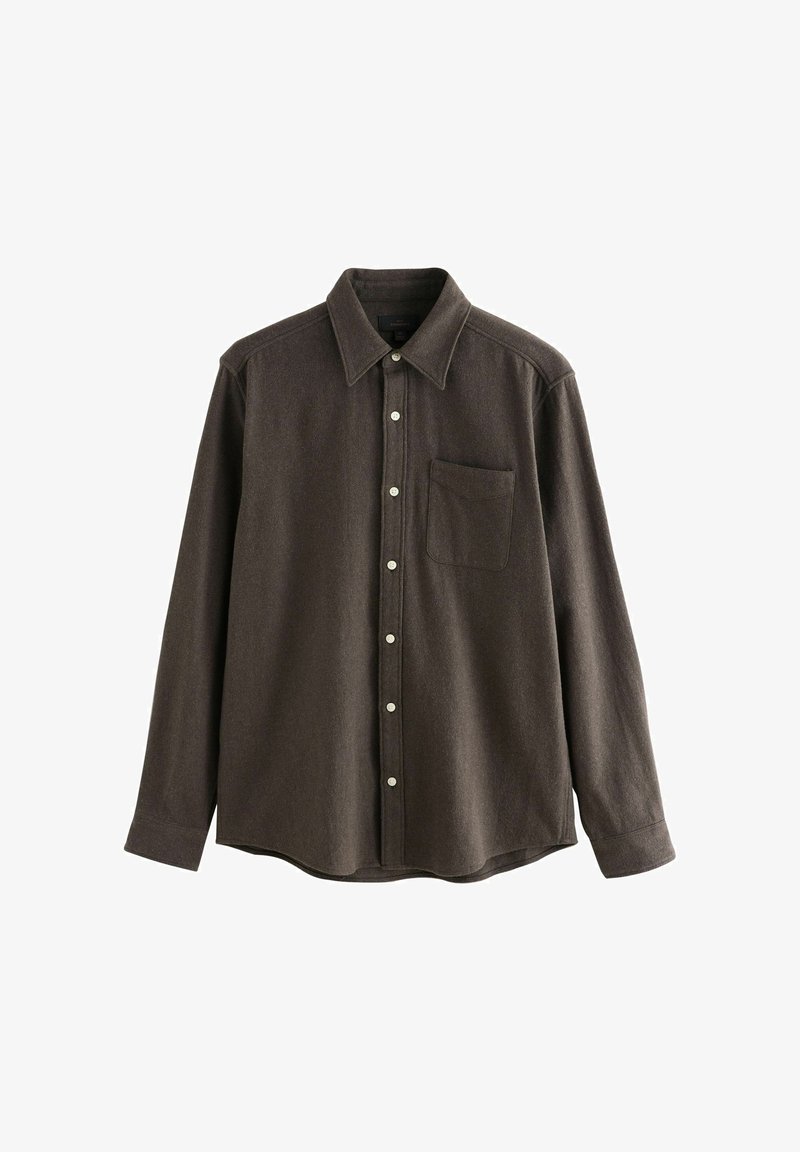 Tumši brūns krekls ar garām piedurknēm, pogājamā josta ar apkakli un vienu krūšu kabatu, izstādīts uz balta fona.