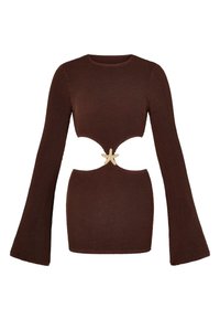Robe mini en tricot marron avec de longues manches évasées, détail de taille découpé, et un fermoir décoratif en étoile de mer beige au centre de la taille.