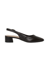 Chaussure slingback en cuir noir avec petit talon bloc, bout pointu et bride ajustable sur fond blanc.