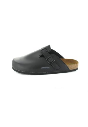Black clogs with a smooth synthetic upper, adjustable buckle strap, cork footbed, and rubber sole. Features cutouts for breathability.