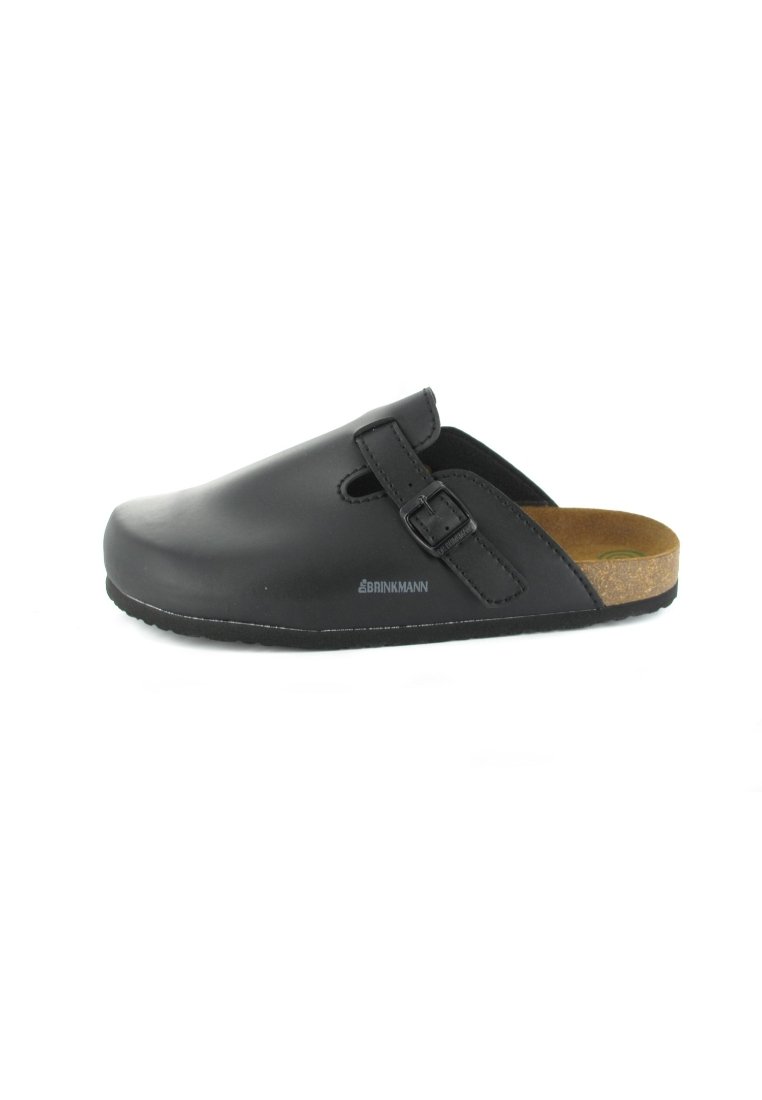 Schwarze Clogs mit glattem Kunstleder-Obermaterial, verstellbarem Schnallenriemen, Korkfußbett und Gummisohle. Verfügt über Aussparungen für Atmungsaktivität.