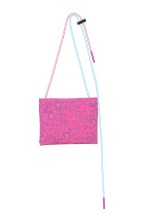 Pink and orange leopard print crossbody bag with two long twisted straps, one light blue and one pink, on a white background.