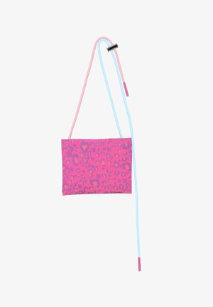 Pink and orange leopard print crossbody bag with two long twisted straps, one light blue and one pink, on a white background.