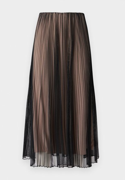 Schwarzer Faltenrock aus transparentem Stoff mit hohem elastischem Bund und mehrlagigem Design mit nudefarbenem Unterrock.