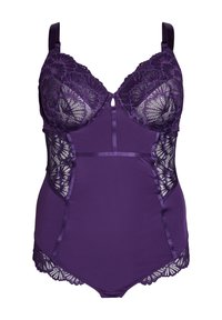 Paarse lingerie bodysuit met kantaccenten, onderbedekte cups en satijnen bandjes. Heeft een decoratieve keyhole in het midden en een soepel silhouet.