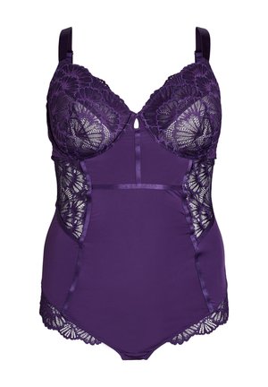 Purple lingerie bodysuit with lace accents, underwire cups, and satin straps. Features a decorative keyhole at the center and a smooth silhouette.