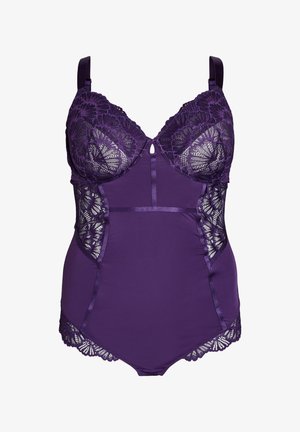 Lila Lingerie-Bodysuit mit Spitzenakzenten, Bügel-Cups und Satinstreifen. Verfügt über ein dekoratives Schlüsselloch in der Mitte und eine glatte Silhouette.