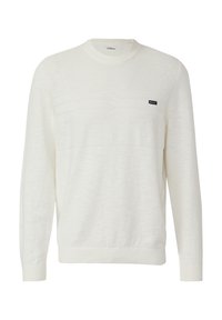 Pull de couleur crème à manches longues, col rond, motif tricoté texturé et petit logo sur le côté gauche de la poitrine. Finition en tissu lisse.