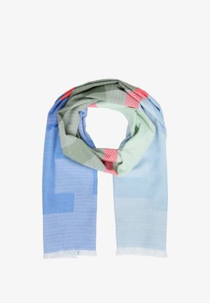 Multikleurige sjaal met geometrische patronen in tinten groen, blauw en rood, gemaakt van een zachte stof met franjes aan de uiteinden.