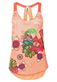 Damski brzoskwiniowy top bez rękawów z wielokolorowym dużym kwiatowym nadrukiem, okrągłym dekoltem i logo marki "Desigual" z przodu.