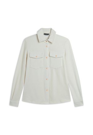Camicia leggera color crema con maniche lunghe, colletto, due tasche frontali e bottoni color pesca. Texture morbida e design a taglio dritto.