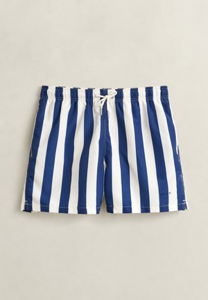 Blaue und weiße, vertikal gestreifte Badeshorts mit elastischem Bund und weißem Kordelzug, flach auf einem neutralen Hintergrund liegend.