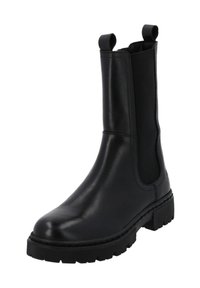 Bottines en cuir noir avec panneaux latéraux élastiques, bout arrondi et semelle en caoutchouc texturé. Elles disposent de tirettes pour un enfilage facile.