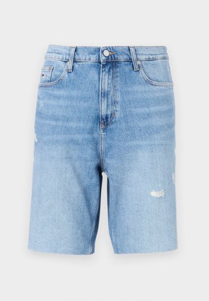 Light blue denim shorts with a high waist, featuring a distressed design and a straight cut. Includes front pockets and a metal button closure.