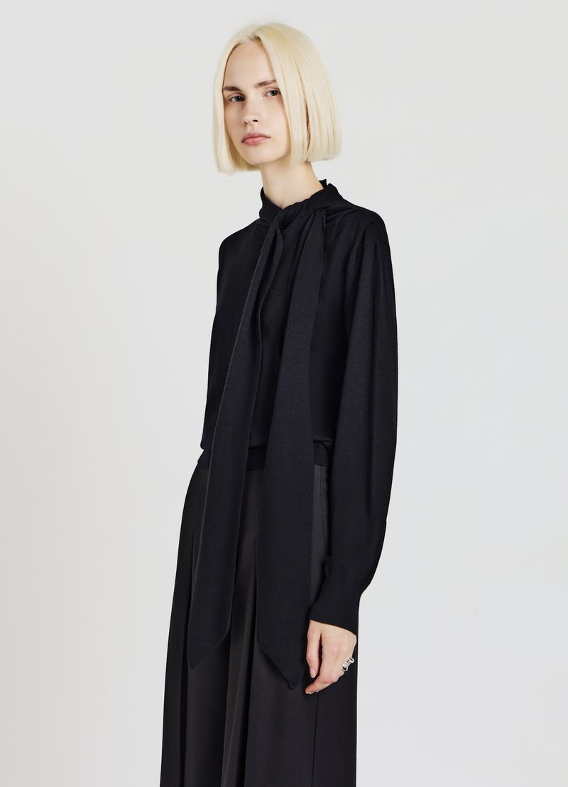 Schwarze Langarmbluse mit hohem Kragen und Schleifendetail. Weicher, glatter Stoff. Das Modell trägt sie zu hoch taillierten schwarzen Hosen.