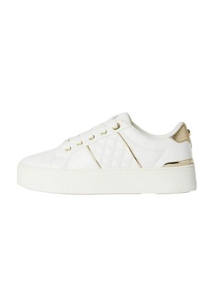White sneaker with a textured upper and gold accents. Features a rounded toe, flat laces, and a thick white sole with a shiny back detail.