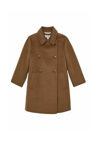 Rudas dvigubas vilnonis paltas su plačiu apykakle, auksinėmis mygtukais ir dviem priekinėmis kišenėmis, paguldytas ant baltos fono.