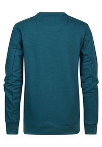 Sweat-shirt vert sarcelle à manches longues et col rond, montré de dos avec poignets et ourlet côtelés, fabriqué en tissu lisse.