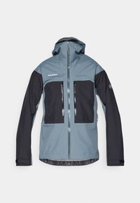 Light blue and black waterproof jacket with a hood, featuring two zippered chest pockets and a sleek, streamlined design. Textured fabric.