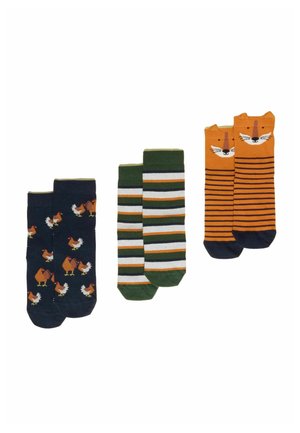 Drei Paar Socken: dunkelblau mit Hühnern, grün-weiß gestreift, orange mit Fuchsgesichtern und schwarzen Streifen.