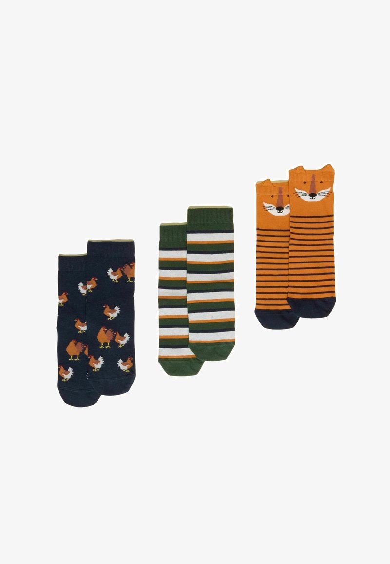 Trois paires de chaussettes : bleu foncé avec des poulets, rayures vertes et blanches, orange avec des visages de renard et rayures noires.