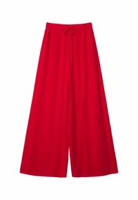 Rote weit geschnittene Hose aus leichtem Stoff. Verfügt über einen verstellbaren Bund mit Kordelzug und seitliche Taschen. Glatte Textur mit lockerem Sitz.