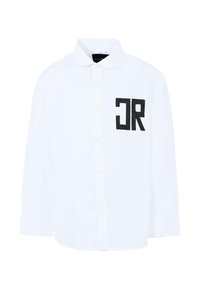 Camicia bianca a maniche lunghe in cotone con colletto button-down, dotata di un logo nero "JR" nell'area della tasca sul lato sinistro del petto.