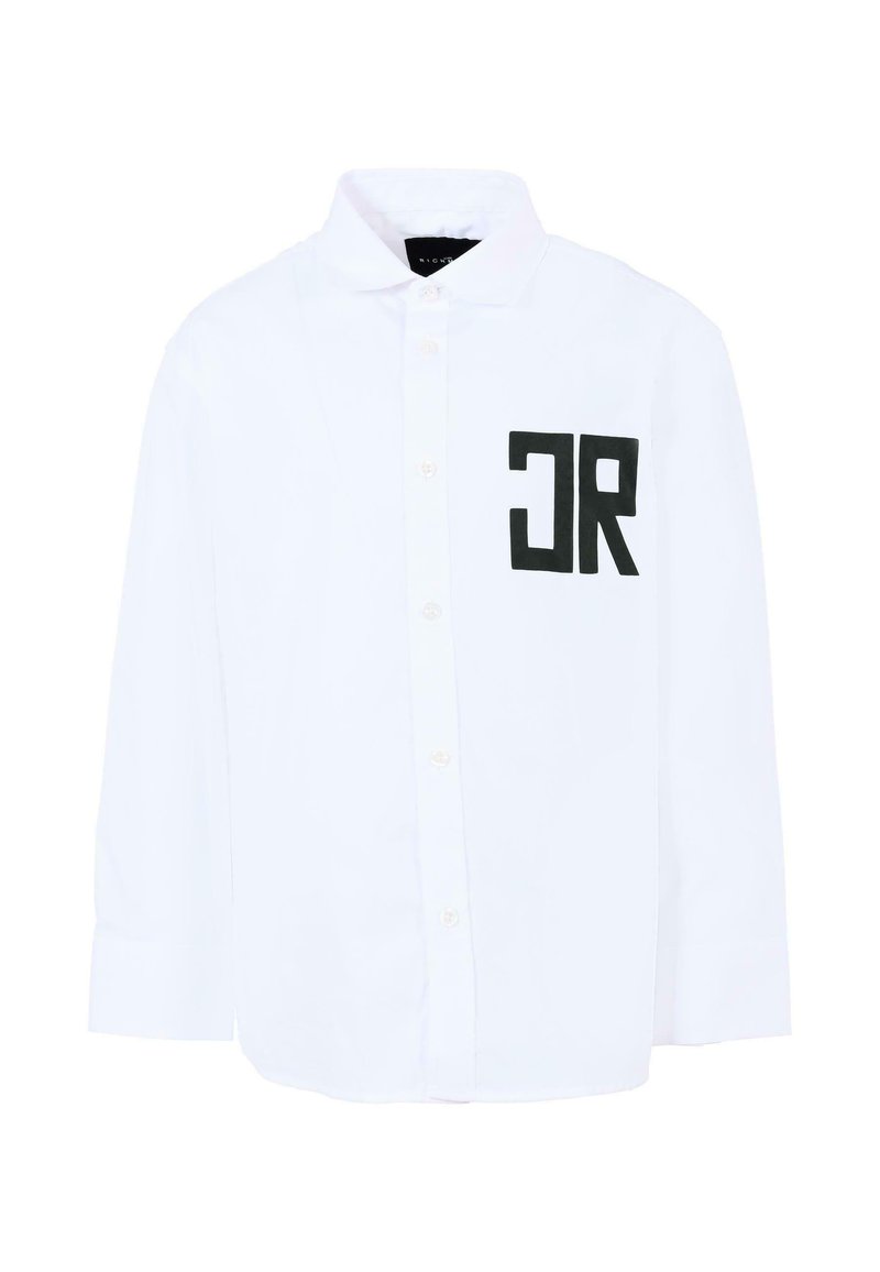 Camicia bianca a maniche lunghe in cotone con colletto button-down, dotata di un logo nero "JR" nell'area della tasca sul lato sinistro del petto.