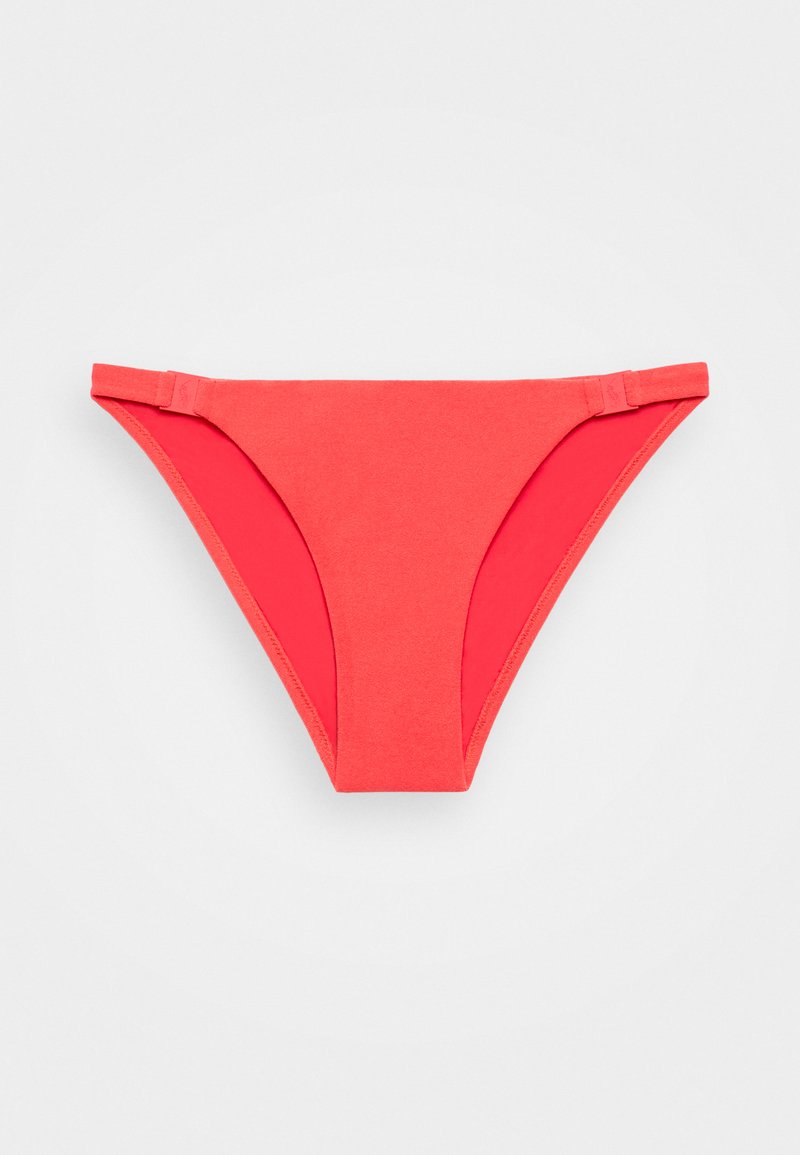 Korallfarget bikiniunderdel med en jevn tekstur, lavt liv, og justerbare sidestrikker. Enkel design med ensfarget stoff og uten mønstre.