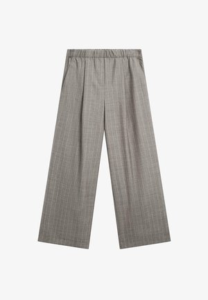 Lange broek met wijde pijpen in lichtgrijze stof met een streepjespatroon, voorzien van een elastische tailleband en een gladde textuur.