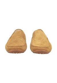 Wildleder-Pantoletten in Beige mit runder Zehenpartie und gesteppten Akzenten. Die Gummisohle ist strukturiert für besseren Halt und bietet Komfort und Flexibilität.