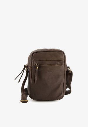 Brown leather crossbody bag featuring a zippered main compartment, front pocket, and adjustable strap. Includes subtle stitching details and branding.