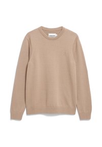 Beige Rundhalspullover aus weichem Strickstoff, mit gerippten Bündchen und Saum, sowie einem dezenten Logo, das auf der Brust gestickt ist.
