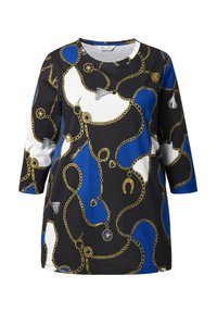 Svart, blå och vit långärmad topp med ett mönster av kedjor och berlocker i guld. Tillverkad av ett slätt tyg med rund halsringning.