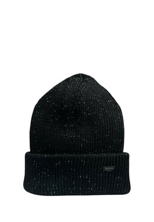 Cappello nero lavorato a maglia con risvolto e piccola etichetta rettangolare del marchio sul risvolto anteriore.