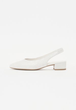 Sandal con tacco bianco a punta, con tacco basso e superiore testurizzato. Fodera interna liscia e design semplice e minimal.