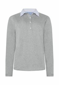 Grå långärmad polo med vit krage och randig innerstolpe, med femknapplikning och mjuk tygtextur.