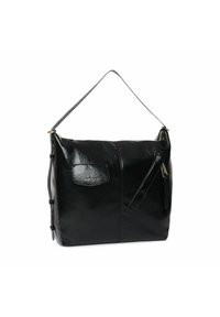 Sac en cuir noir à bandoulière avec une poche latérale zippée, texture lisse, sangle ajustable et une poche avant en patch pour plus de détails.