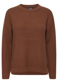 Suéter marrón de punto con un patrón texturizado, cuello redondo, mangas largas y puños y dobladillo acanalados; etiqueta visible en el cuello.